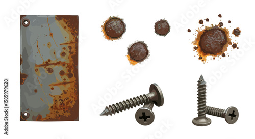 Illustration of a rusty metal plate with holes and screws and rust spots on a white background