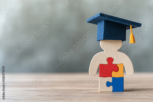 Graduation Success: Puzzle figure with graduation cap symbolizes education, progress, and completing all the pieces for a bright future.