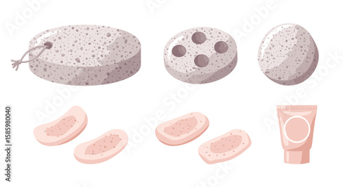 Assortment of pumice stones, toe separators, and a tube of cream for foot care and pedicure use
