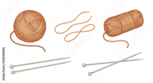 Illustration of yarn balls, loose yarn strands, and knitting needles on a white background scene view