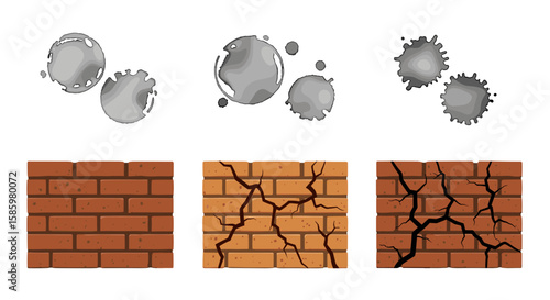 Illustration of water damage and cracks on brick walls showing deterioration over time and exposure