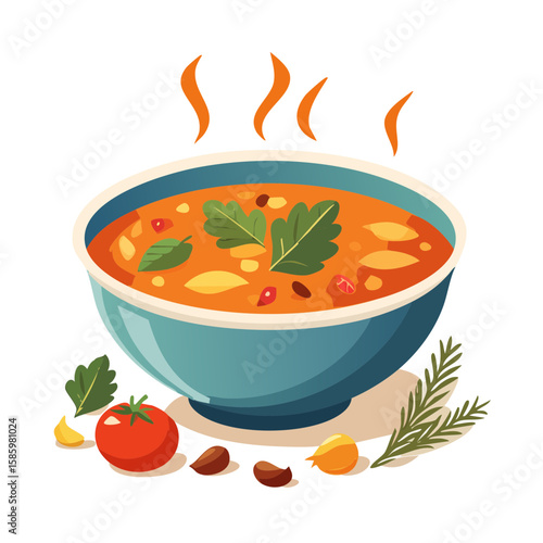 A bowl of appetizing soup, a culinary delight with fresh herbs and vegetables, a steaming delight