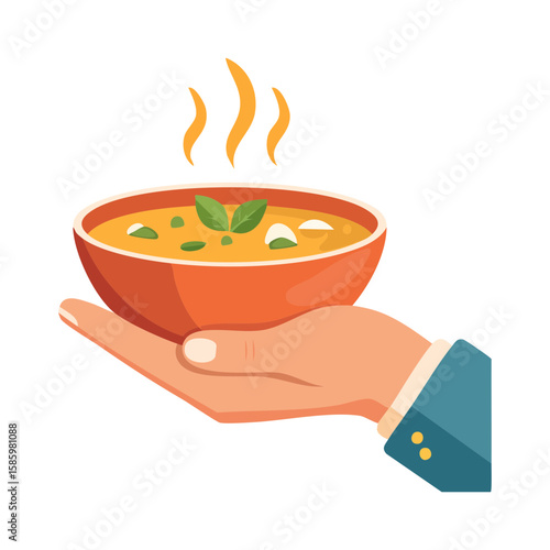 A comforting bowl of hot soup being presented. A warm dish for a cold day