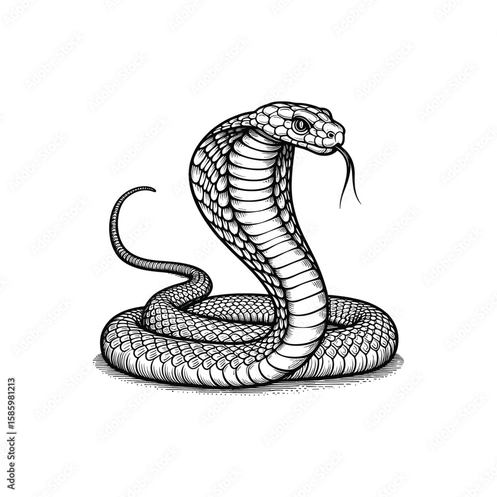 Fototapeta premium Hand-Drawn Vintage Style Engraving of Cobra Snake with Hood Extended, drawn in an engraved, woodcut style with fine details sketch engraving vector illustration