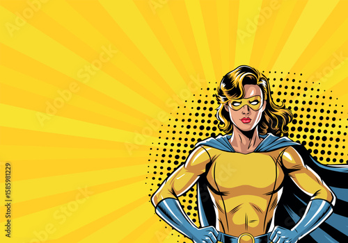 Vector illustration of superwoman in retro pop art style. Beautiful girl in superhero costume