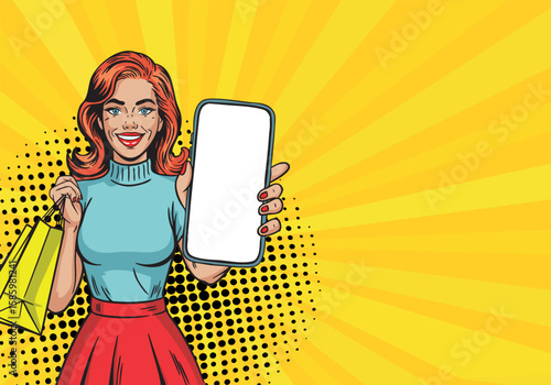Vector illustration in retro pop art style. Beautiful girl with shopping bags and phone