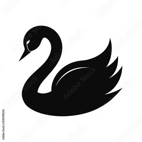 Silhouette of swan swimming gracefully on water with white background  