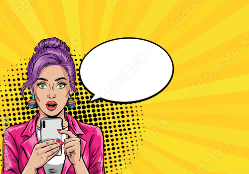 Vector illustration in retro pop art style. Beautiful surprised girl with phone and speech