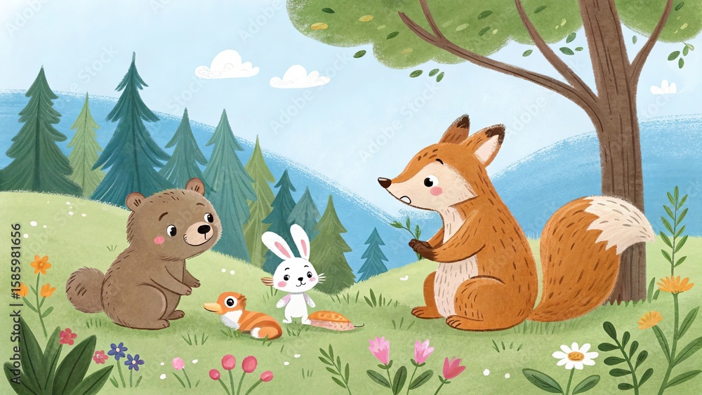Naklejka premium Cartoon Animals in Forest Illustration for Children