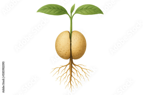 Avocado seed growing roots and leaves on transparent background