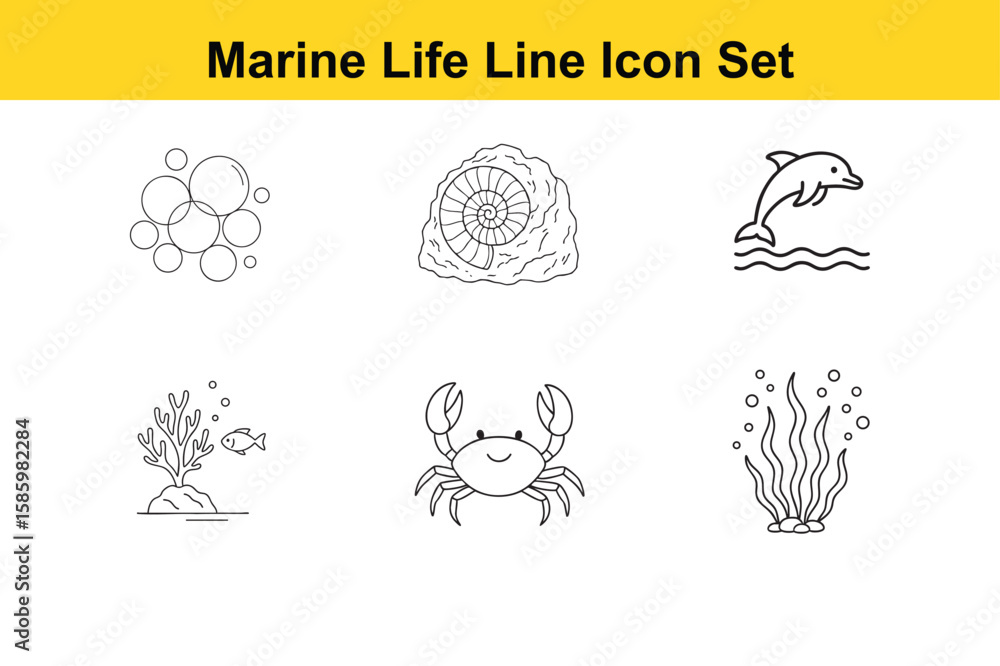 Fototapeta premium Collection of Simple Marine Life Line Icons Six black line icons depicting various sea creatures