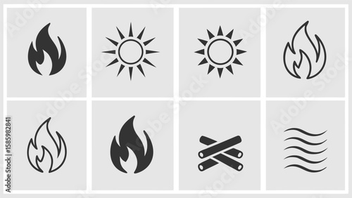 Collection of simple graphic icons representing fire sun and heat elements