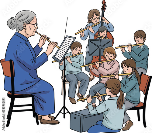 Orchestra rehearsal with conductor and young musicians playing flutes and cello.