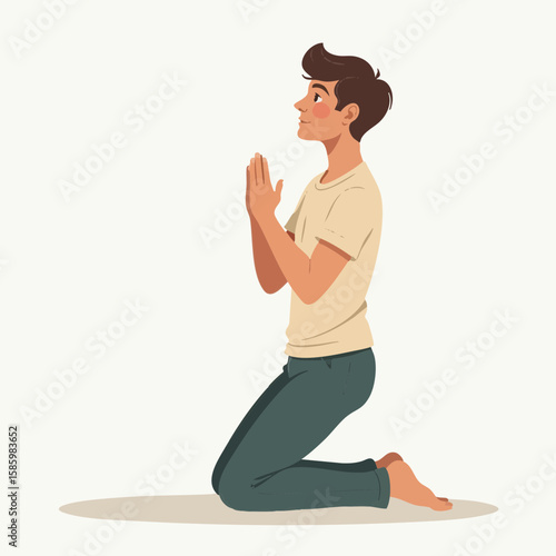 Vector illustration of person kneeling with hands up devoted worshiping on white background
