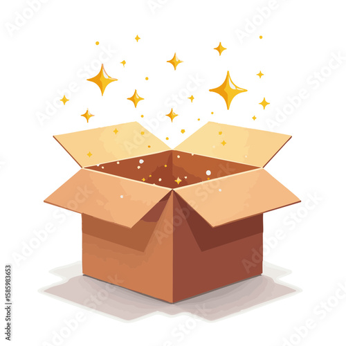 Vector illustration of open box with sparkles exciting revealing on white background
