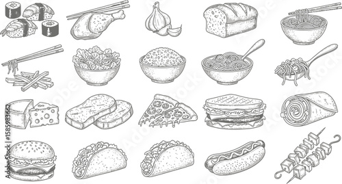 Delicious food doodles showcase a variety of culinary items