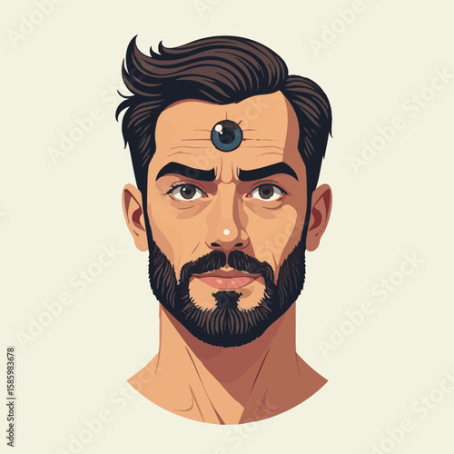 Vector illustration of person with third eye enlightened seeing on white background