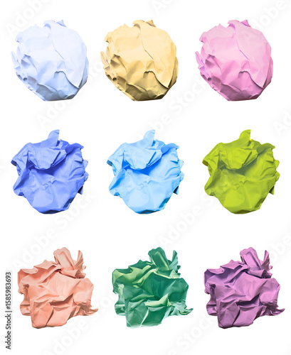 Set of Colorful Crumpled Paper Balls on White Background.