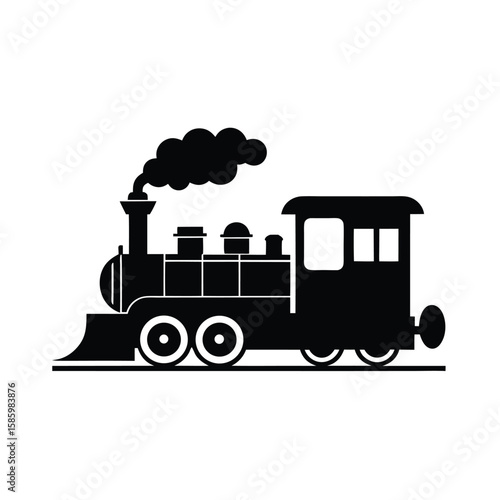 Silhouette of classic steam locomotive emitting smoke on clean white background  