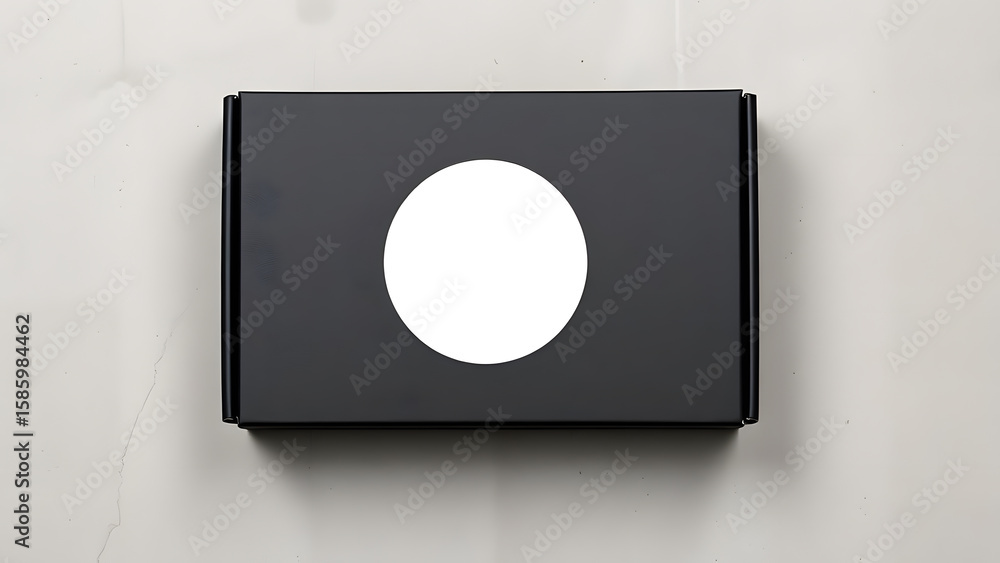 Top-down view of a sleek black packaging box with a blank white circular label on a light grey surface, ideal for product mockups. Top-down view of a sleek black packaging box with a blank white circular label on a light grey surface, ideal for product mockups.