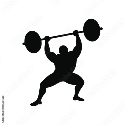 Silhouette of weightlifter lifting barbell on white background for fitness theme  