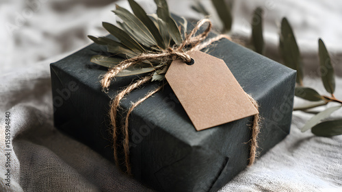 Elegant wrapped gift with natural elements and kraft tag