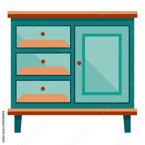 Wooden wardrobe cabinet with drawers and shelves in a simple home interior design