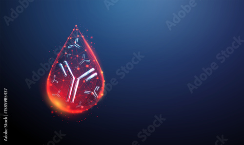 Antibodies inside blood drop. Immunology, serological testing, diagnostics, immune system, monoclonal therapy, biotechnology medicine concept. Low poly style