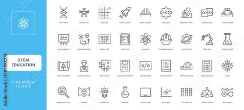 stem education science technology engineering mathematics collection line icons, Binary Chalkboard Renewable energy code Tablet