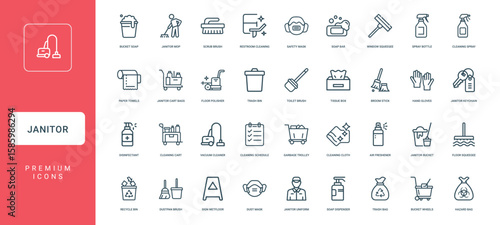 janitorial icons cleaning tools equipment for cleaning and maintenance comprehensive set, bin Tissue Trash Broom Toilet box brush