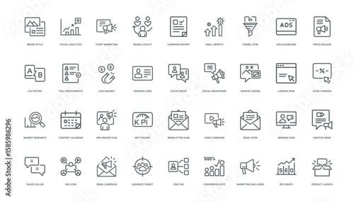 marketing icons social analytics icon data review comprehensive collection, growth analysis reporting progress