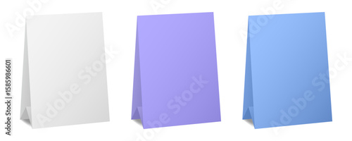 Set of table cards. White, purple and blue bent sheets. Tent table card, nameplate	