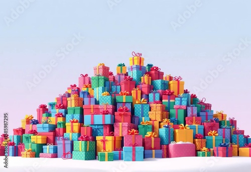 Colorful cartoon gift boxes piled high, forming festive mountains Plenty of empty space, vector illustration, celebration