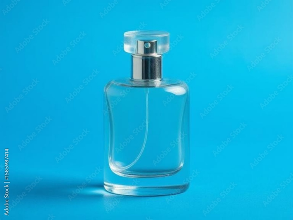 On a blue background, a clear glass perfume bottle with a silver cap On a blue background, a clear glass perfume bottle with a silver cap