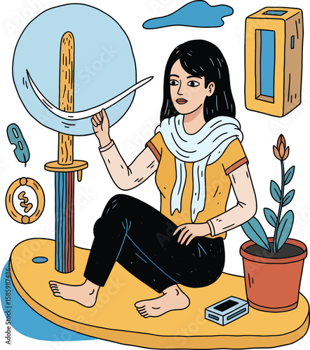 Young Woman with Black Hair Sitting Barefoot Manipulating a Crescent-Shaped Object.