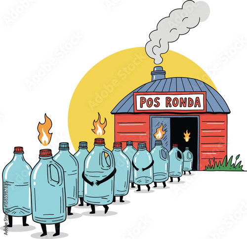 Cartoon plastic bottles with flames queuing at Pos Ronda building.