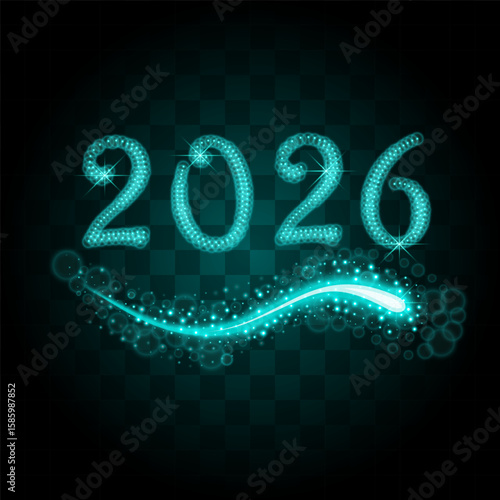 Blue particles wave in form of 2026 digits with bright shining and glowind particles isolated on transparent background. Glitter bright trail, glowing wave vector illustration