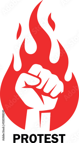 Fist raised in protest surrounded by flames symbolizing passion and revolution