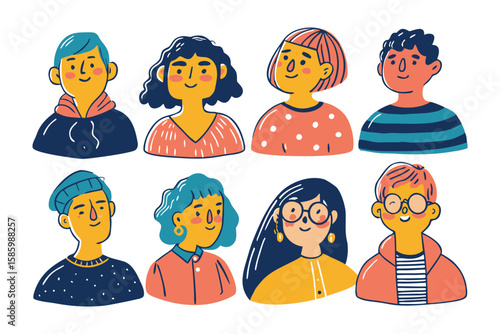 Joyful Portraits: A vibrant collection of animated figures with colorful features, radiating energy and charisma.