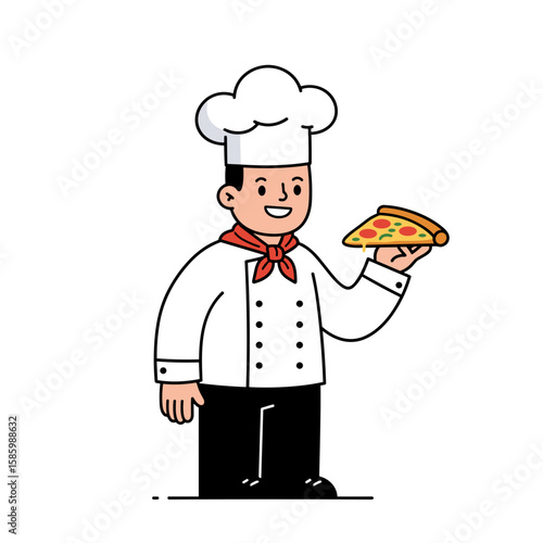 Chef smiling while holding a slice of pizza in kitchen uniform  