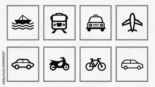 Collection of transportation icons including boat train taxi airplane car scooter bicycle and van