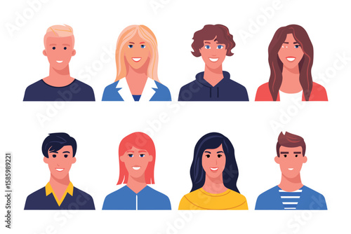 Diversity of Faces: An artful assembly of diverse faces, each representing a unique persona, in a flat illustration style, perfect for adding a touch of personality and charm to any creative project.