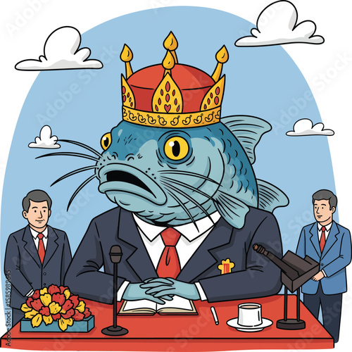 Anthropomorphic Fish King in Suit with Crown and Advisors.