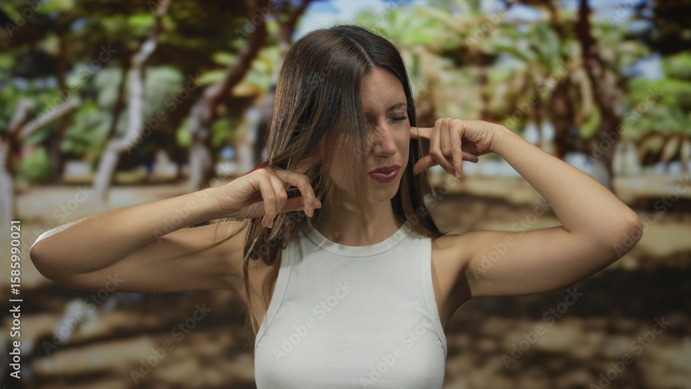 Woman presses fingers into bare ears in green park amid trees with sunlight filtering through leaves; frustration. Woman presses fingers into bare ears in green park amid trees with sunlight filtering through leaves; frustration.