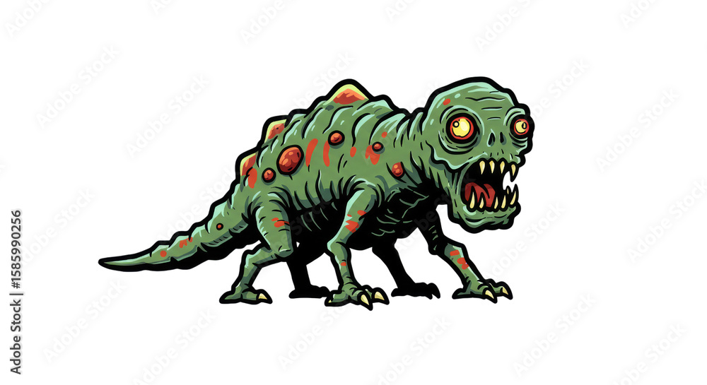 Fototapeta premium A terrifyingly cute, green, reptilian creature with glowing red eyes and a spiky back, rendered in a fun cartoon style