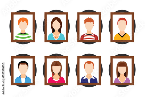 Family Portrait Collection: A compilation of eight diverse portrait frames, each elegantly adorned with an faceless individual illustrations.