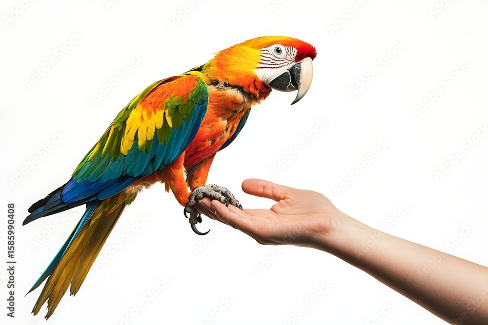 Fototapeta premium Colorful macaw parrot perched on a hand, exotic pet bird with vibrant plumage and feathers