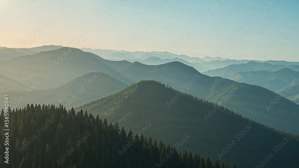Obraz premium Misty mountain range with dense forest.