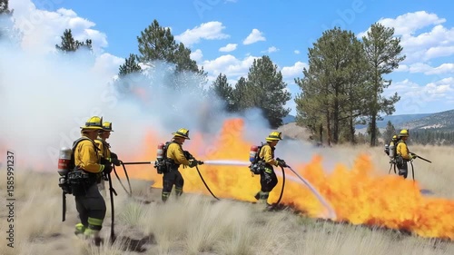 Firefighters in yellow uniforms combatting a wildfire. They use hoses to spray water on flames in a grassy area surrounded by trees.