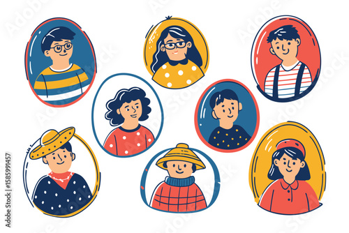 Diverse Portraits in Circular Frames: A collection of captivating portraits. Each face, a unique representation of individuality and style. A vibrant, eye-catching design